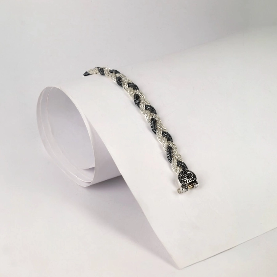 Black  White Braided Mardin Silver Bracelet