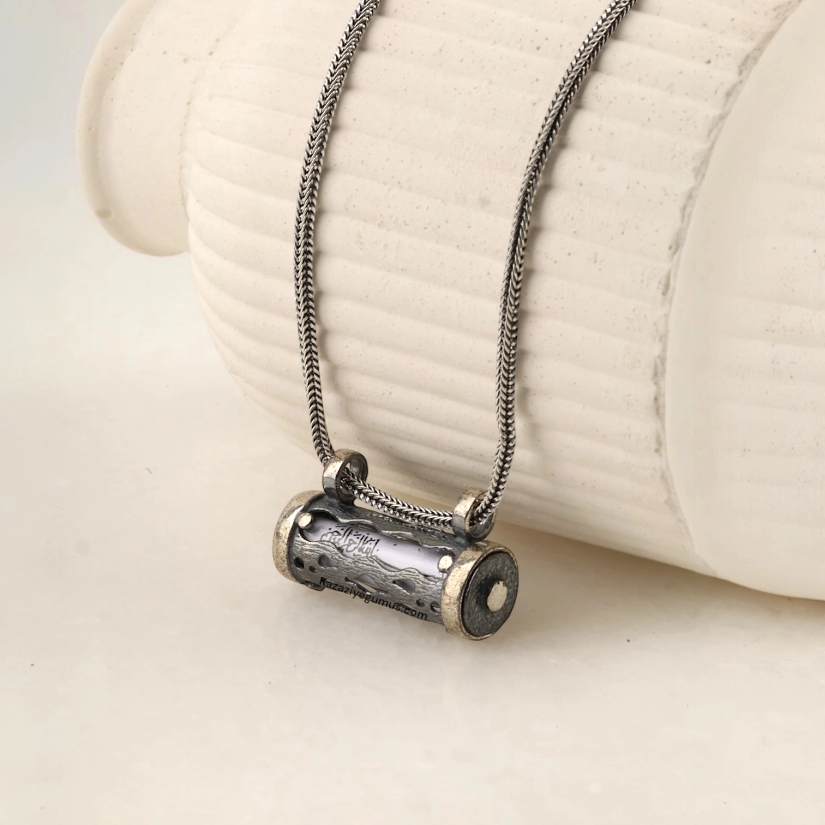 925 Sterling Silver Cylinder Cevşen Necklace
