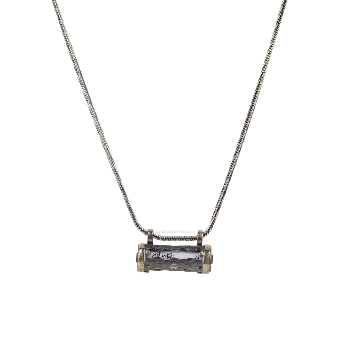 925 K Silindir Semazen Engraved Cevşen Silver Necklace