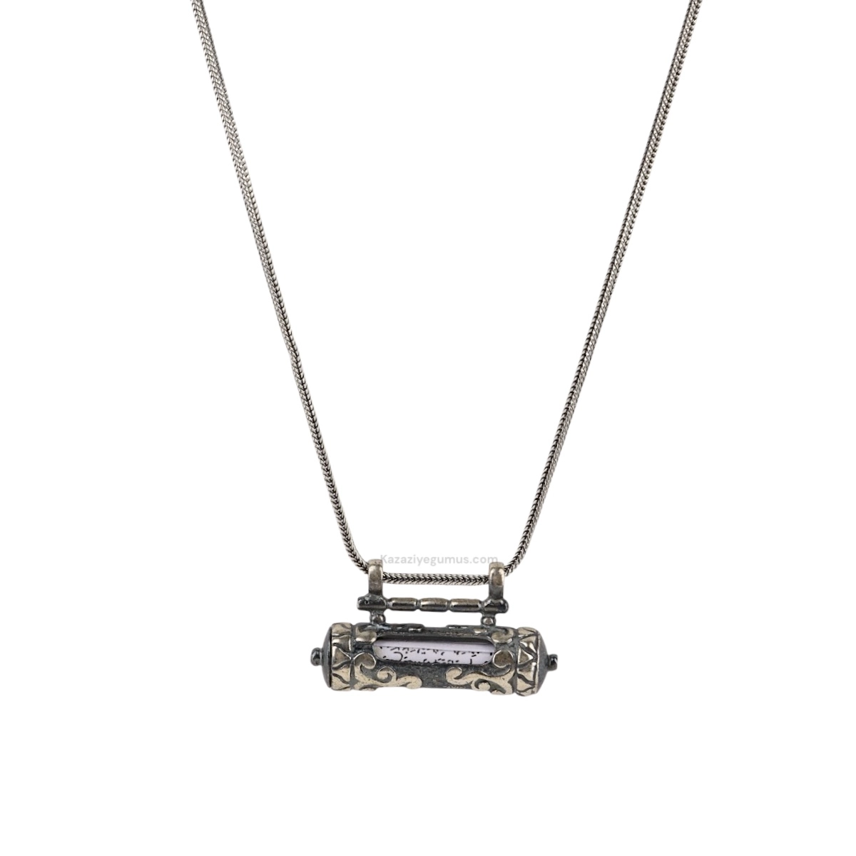 925 K Silindir Engraved Cevşen Silver Necklace