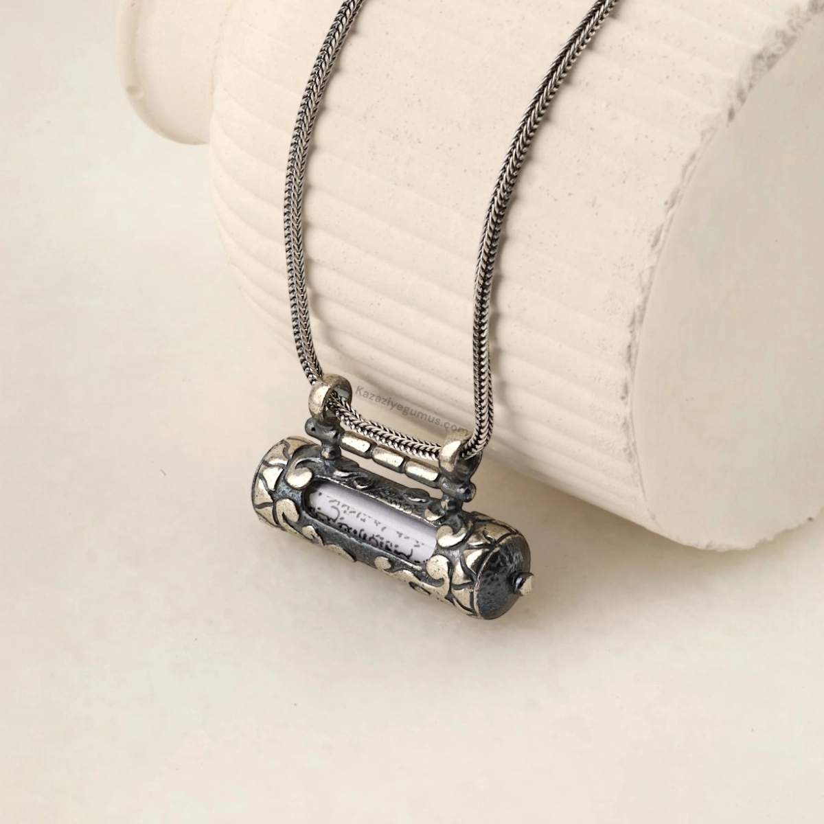 925 Sterling Silver Cylinder Cevşen Necklace