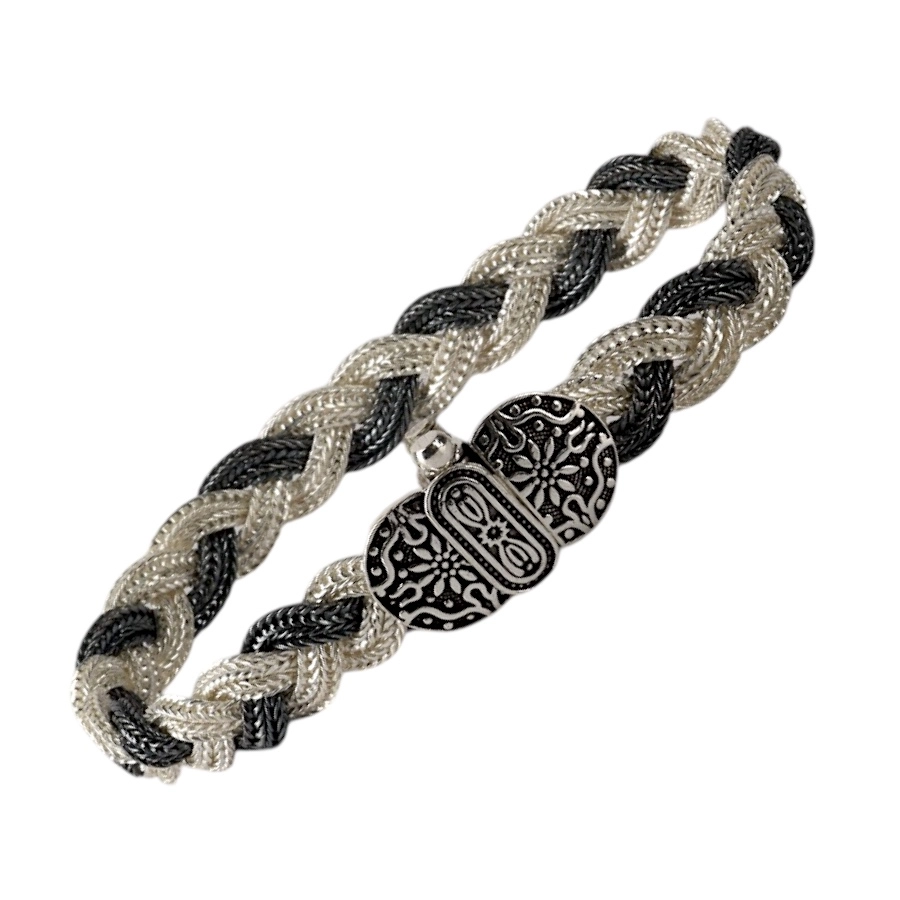 Black  White Braided Mardin Silver Bracelet