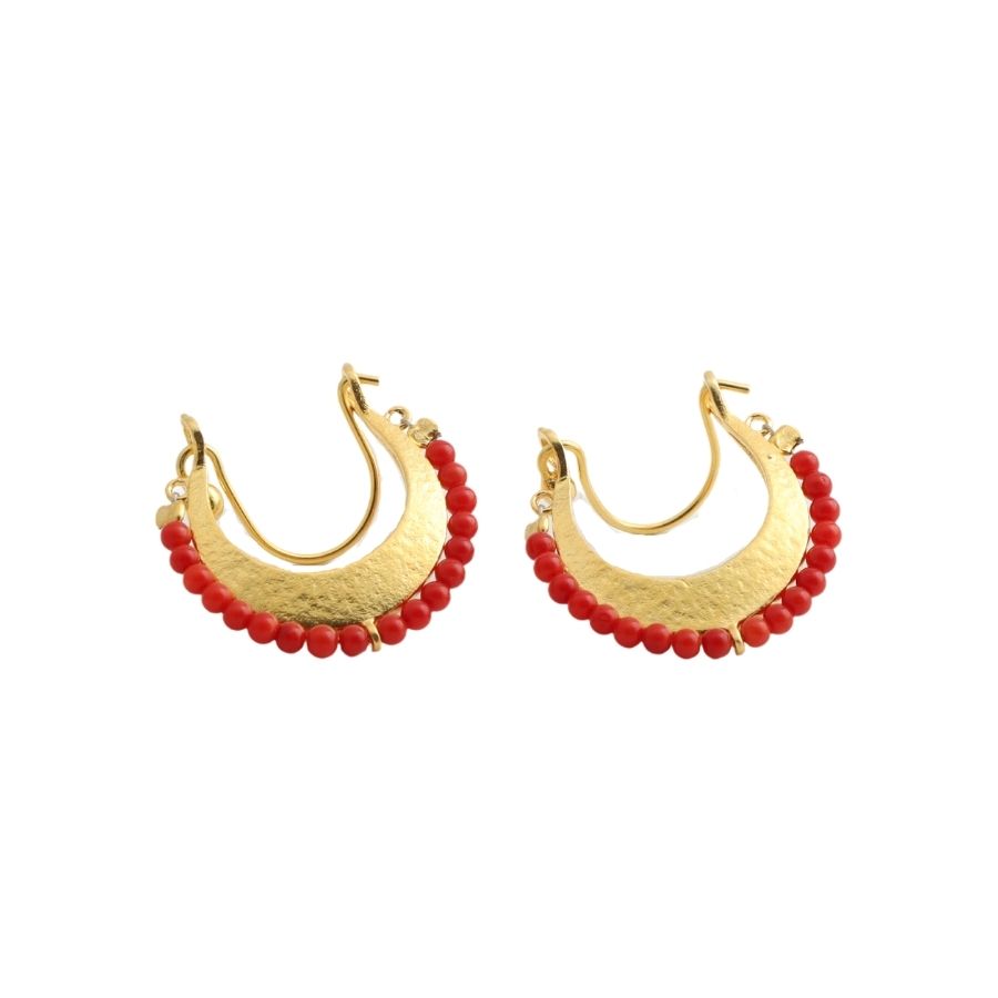 Red Coral Stone Silver Hoop Earrings