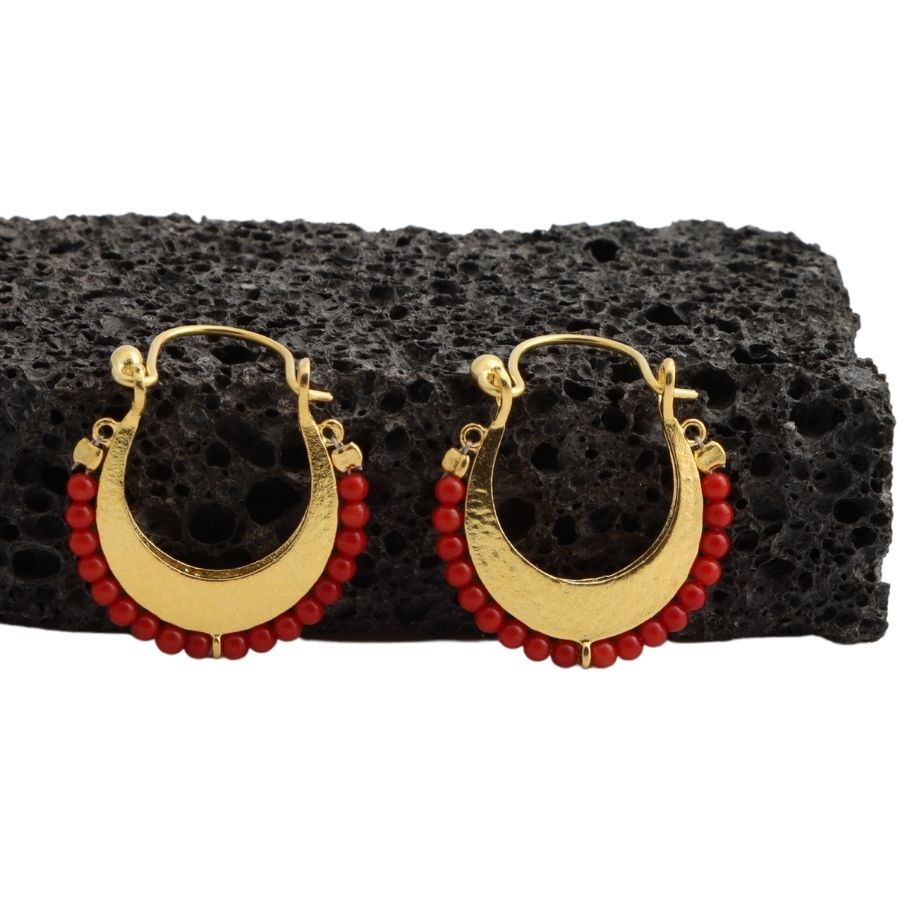 Red Coral Stone Silver Hoop Earrings