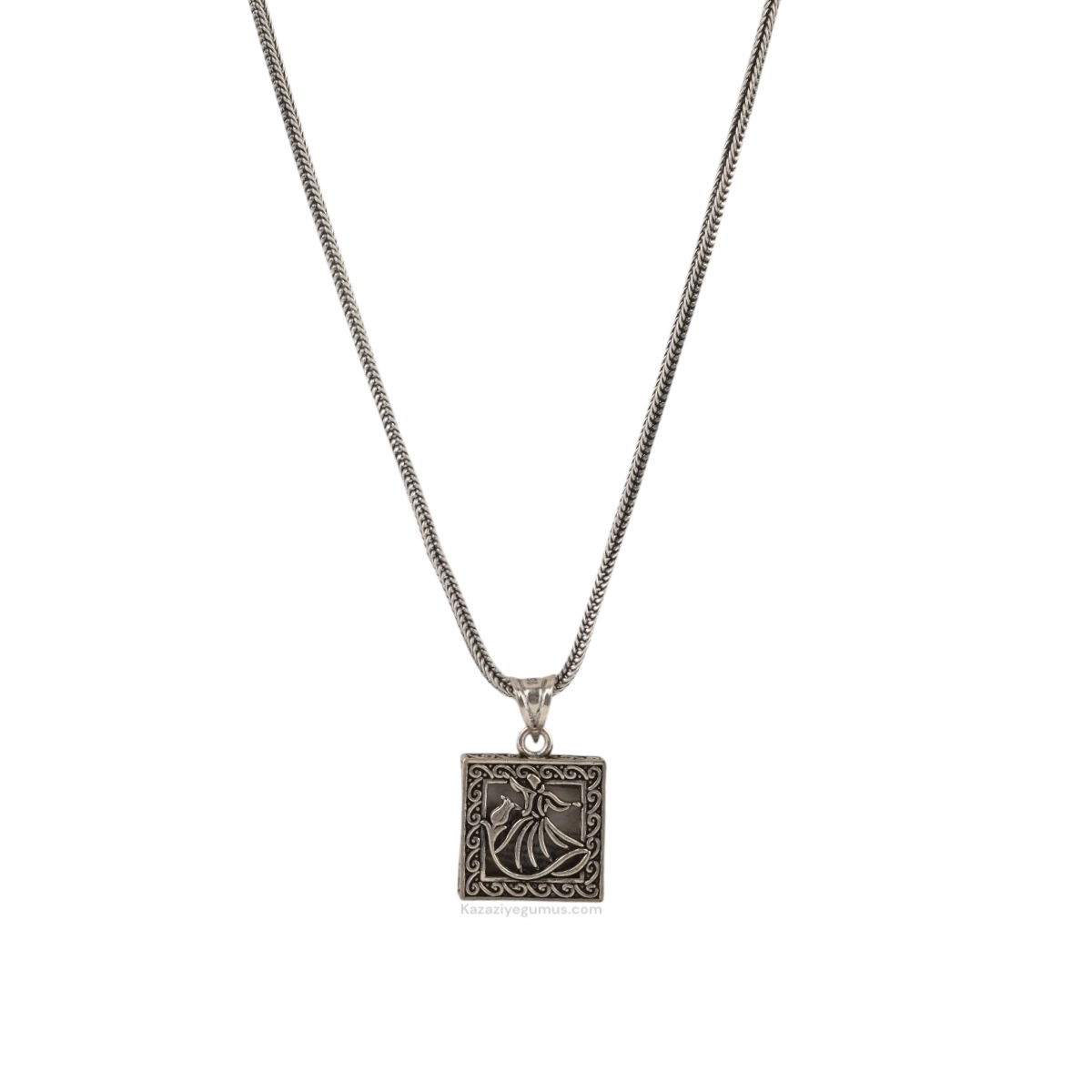925 K Square Semazen Cevşen Silver Necklace