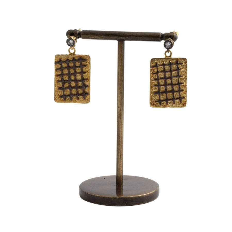 Square Pattern Gold Plated Silver Earrings