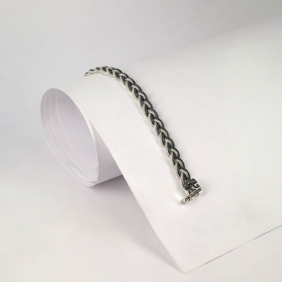 Black  White Braided Mardin Silver Bracelet