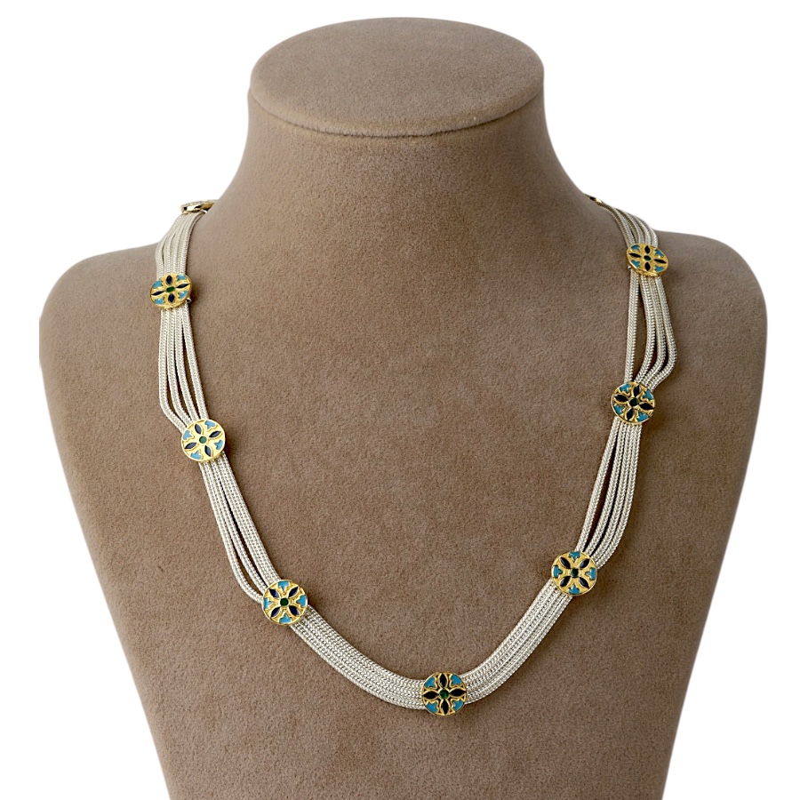 925 K Flower Motif Mardin Mesh Silver Necklace
