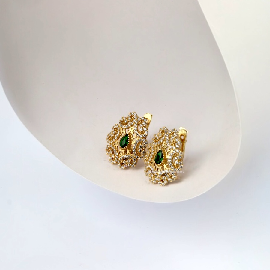 925 K Engraved Green Stone-set Drop Silver Earrings