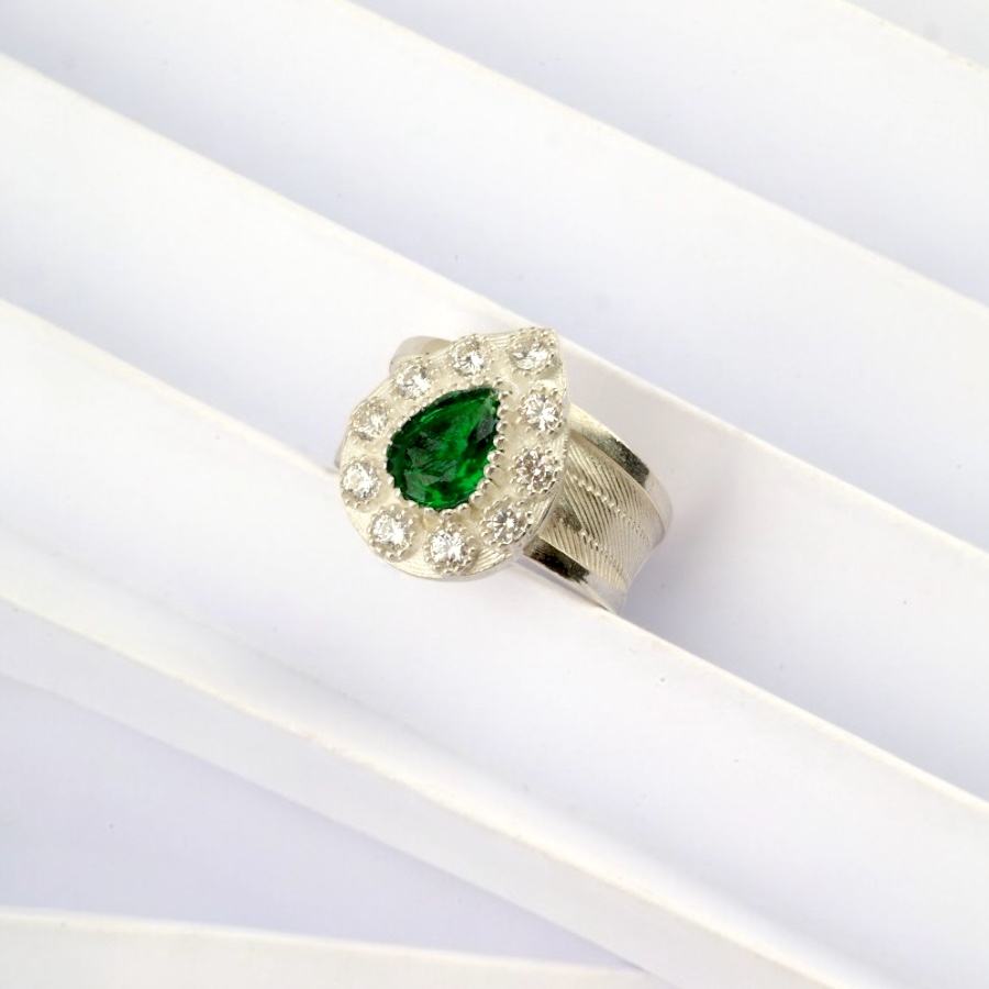 925 K Green Zircon Stone-set Drop Mesh Silver Ring