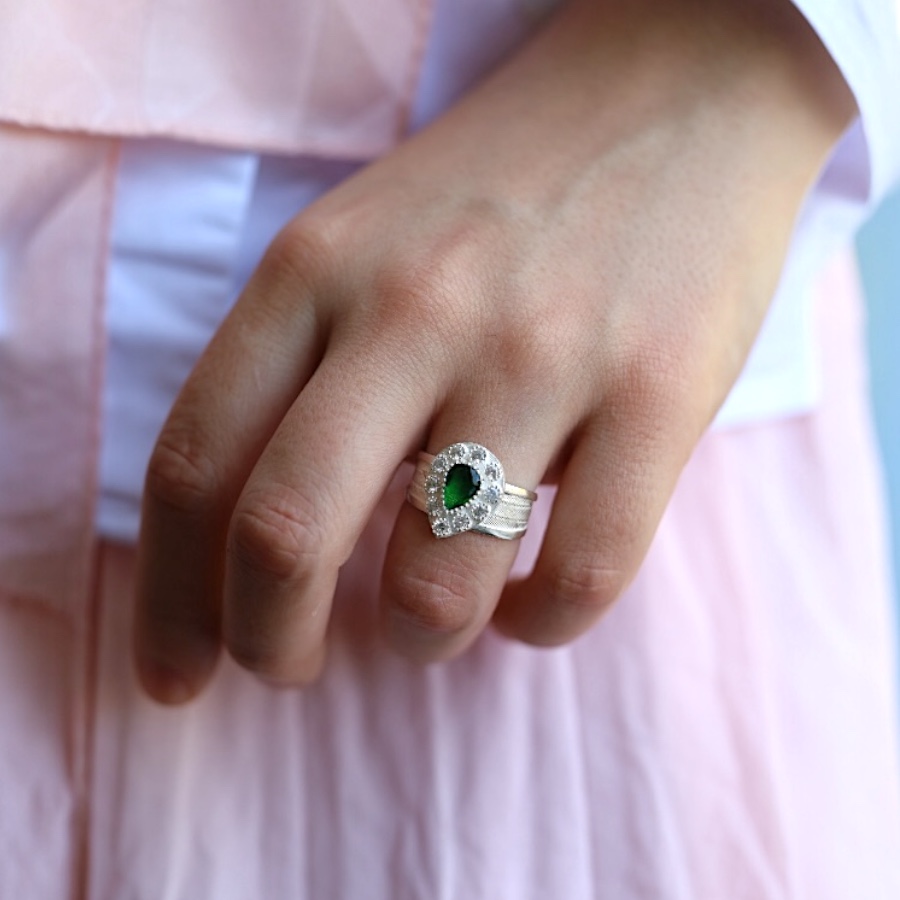 925 Sterling Zircon Stone Drop Mesh Silver Ring