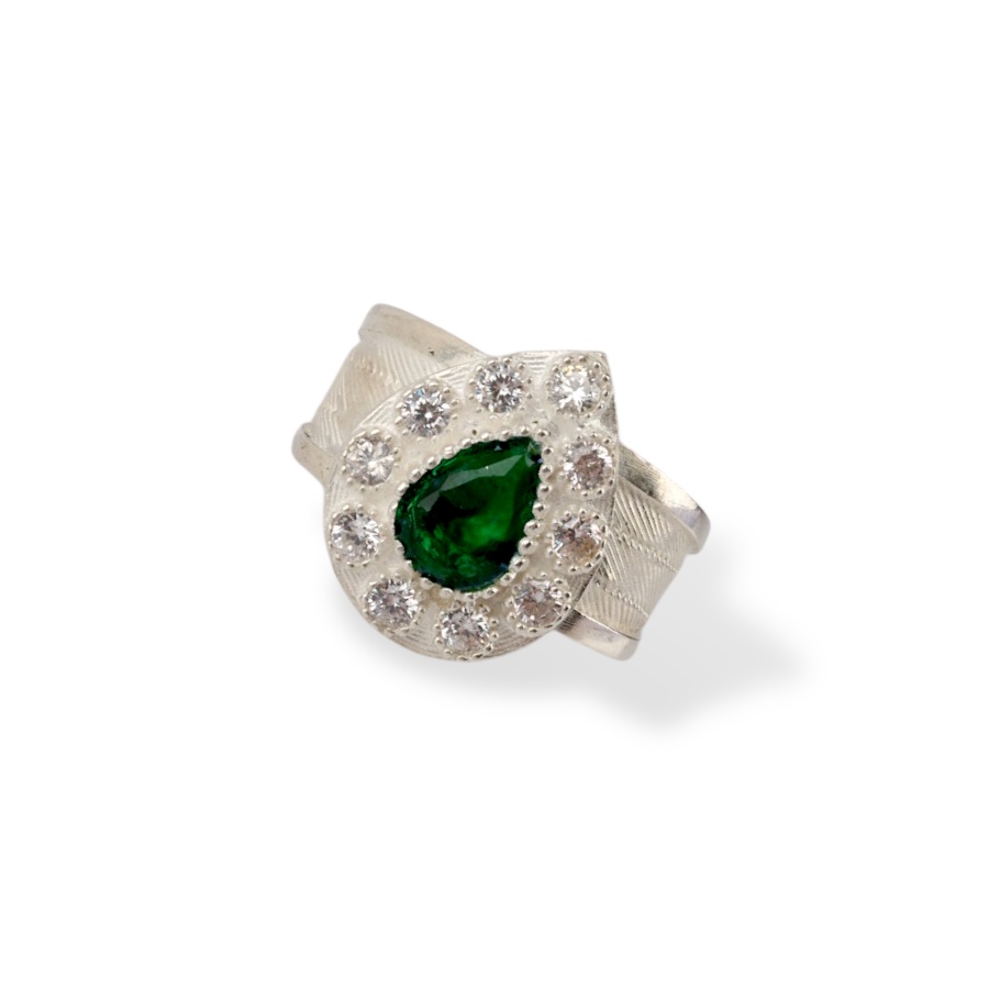 925 Sterling Zircon Stone Drop Mesh Silver Ring