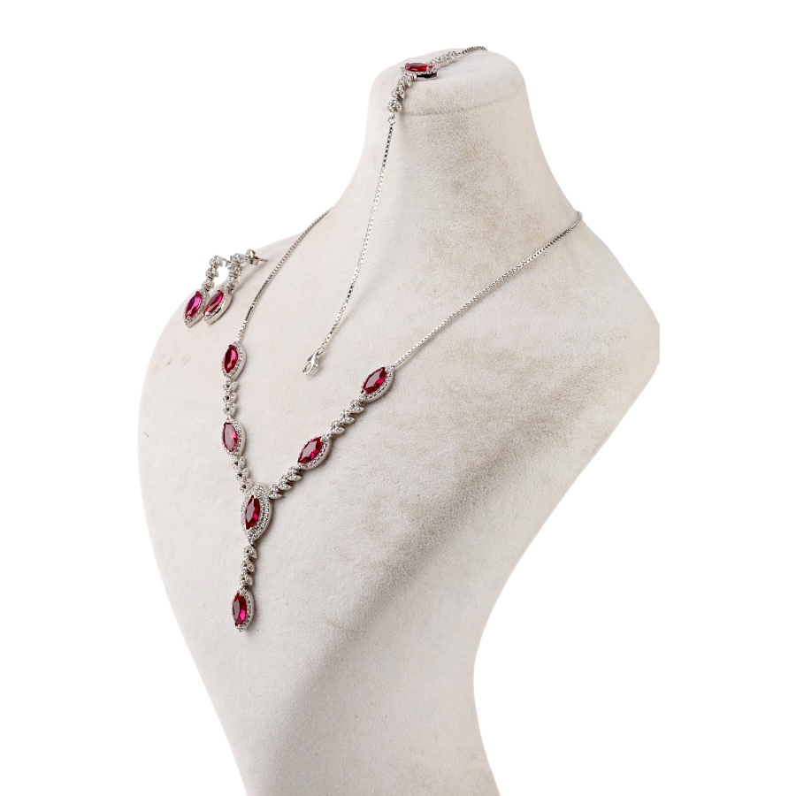 925 Sterling Silver Set with Red Drop Zircon Stone