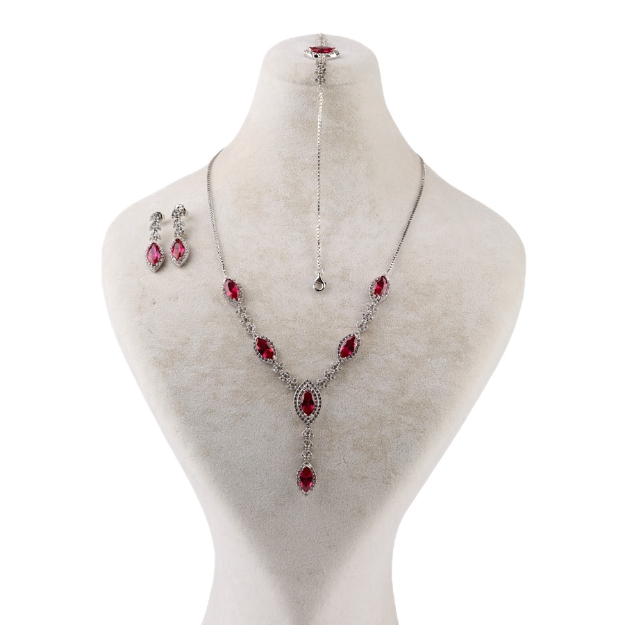 925 Sterling Silver Set with Red Drop Zircon Stone