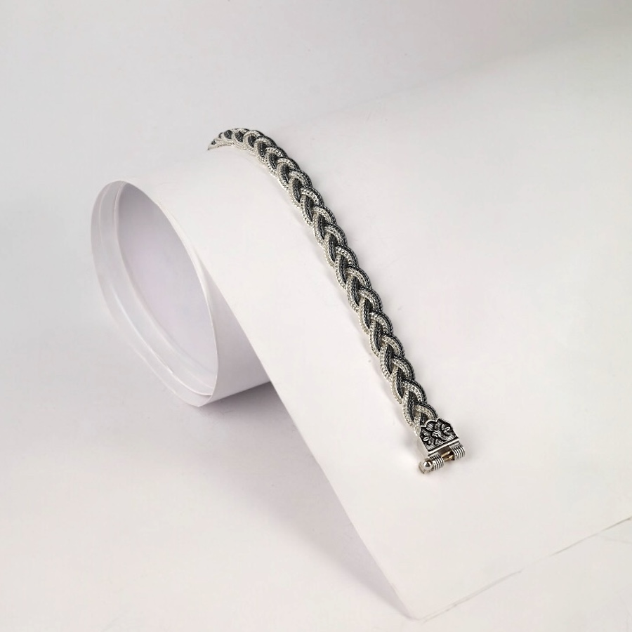 Black  White Braided Mardin Silver Bracelet