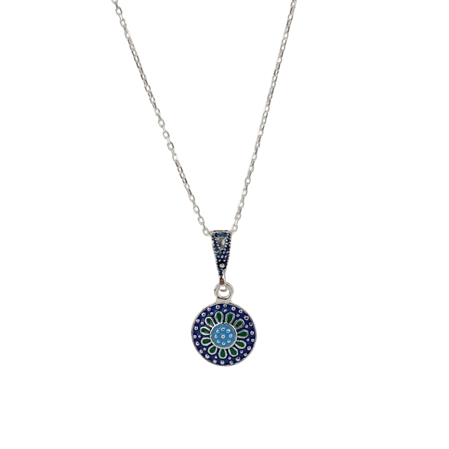925 K Blue Enamel Mini Mardin Mesh Silver Necklace
