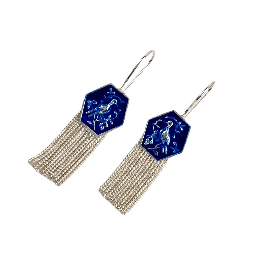 925 K Bird Motif Mardin Mesh Silver Earrings