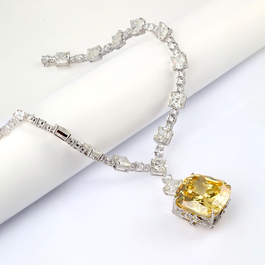 925 K Large Yellow Stone-set Baguette Silver Necklace