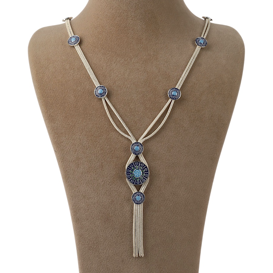 925 K Etnik Navy Enamel Mardin Mesh Silver Necklace