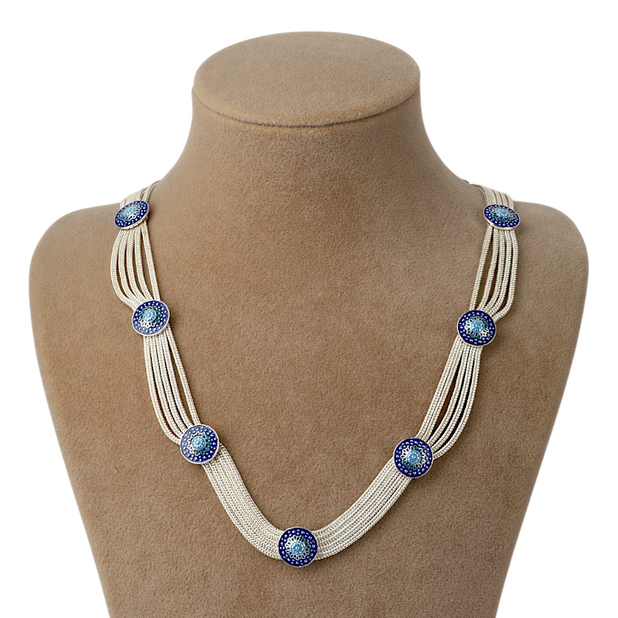 925 K Blue Enamel Mardin Mesh Silver Necklace