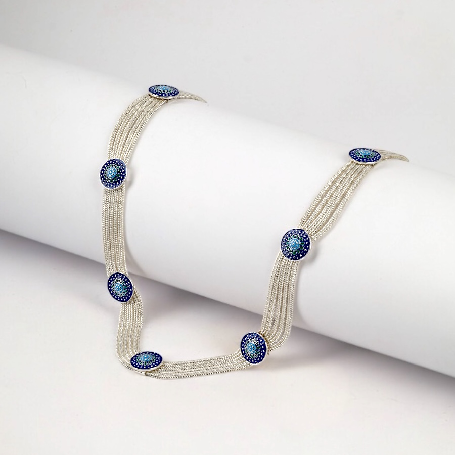 925 Carat Blue Enamel Mardin Straw Necklace