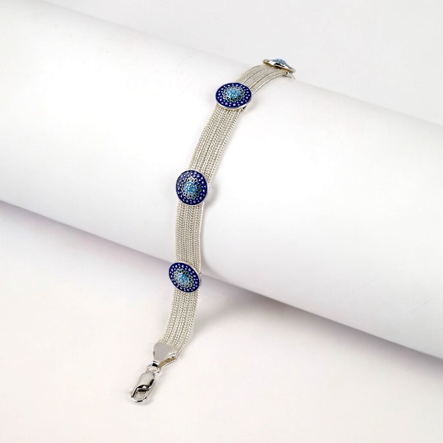 925 Carat Blue Enamel Mardin Straw Silver Bracelet
