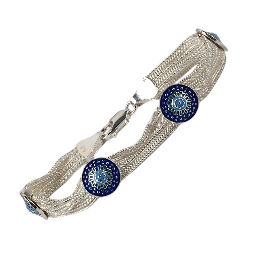925 Carat Blue Enamel Mardin Straw Silver Bracelet