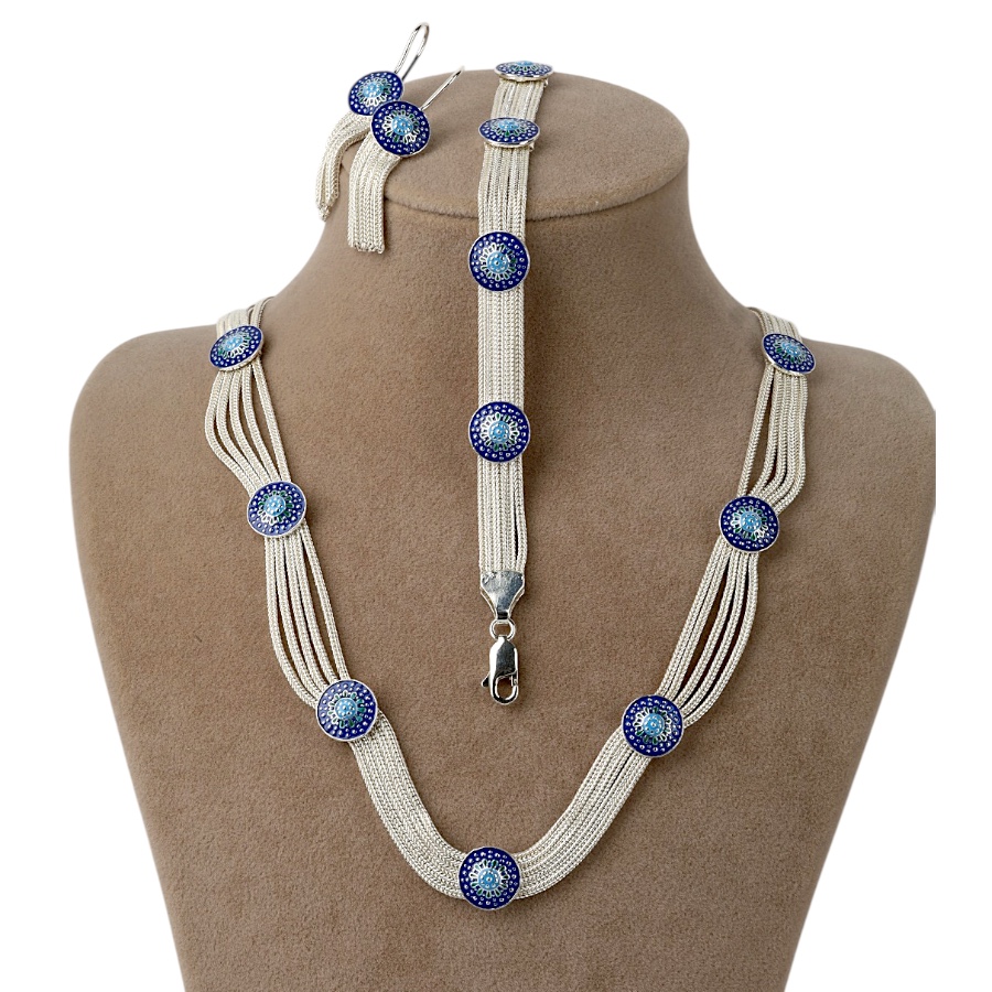 925 Carat Blue Enameled Mardin Wicker Silver Set