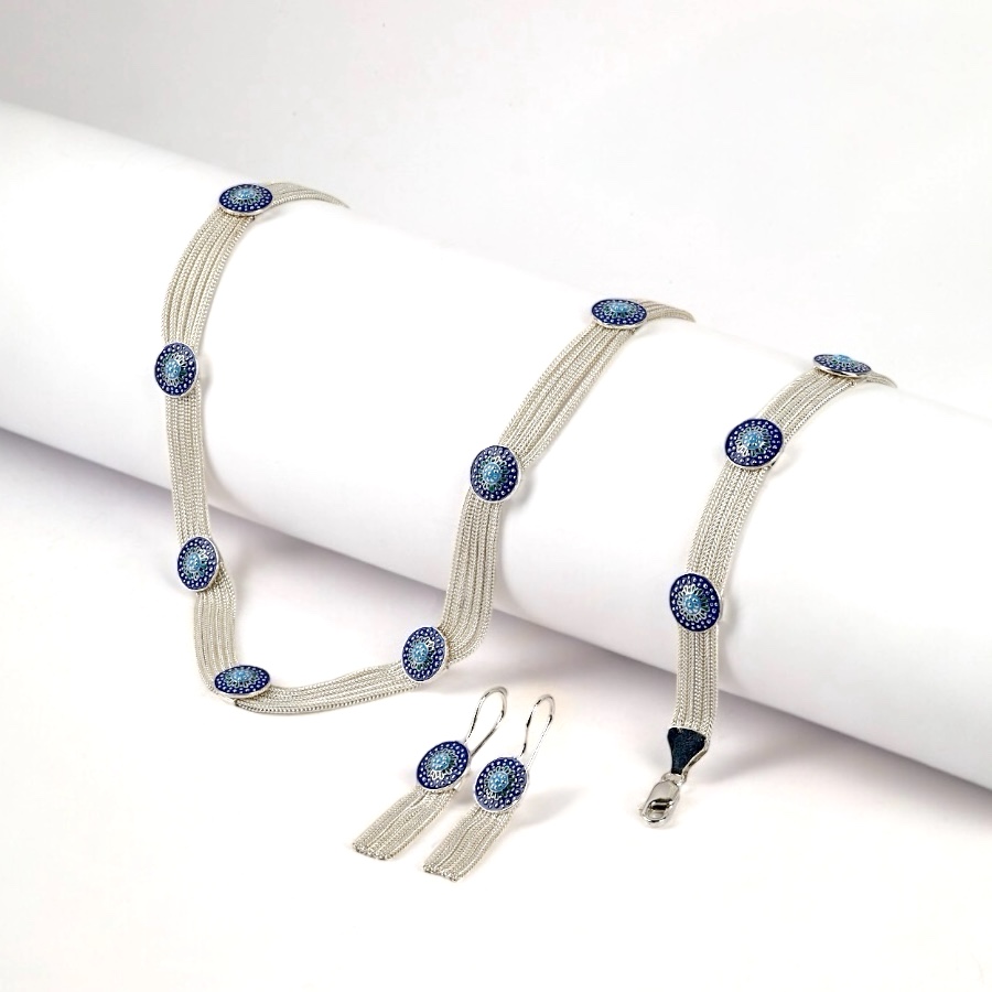 925 Carat Blue Enameled Mardin Wicker Silver Set