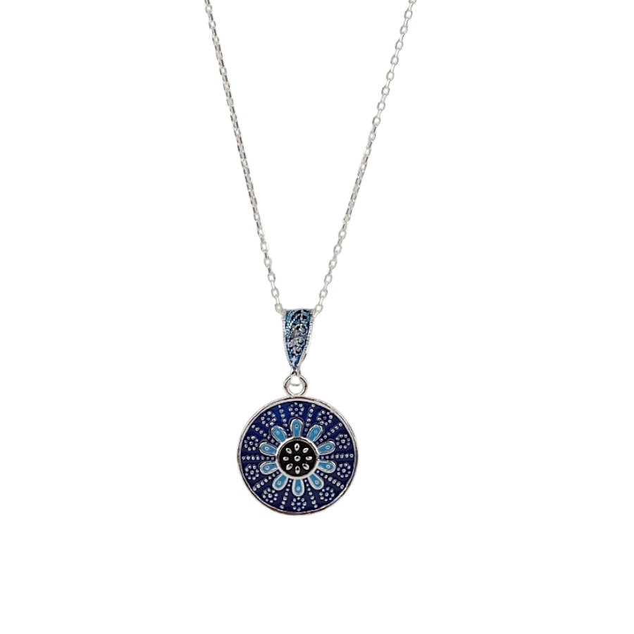 925 K Blue Enamel Mardin Mesh Silver Necklace