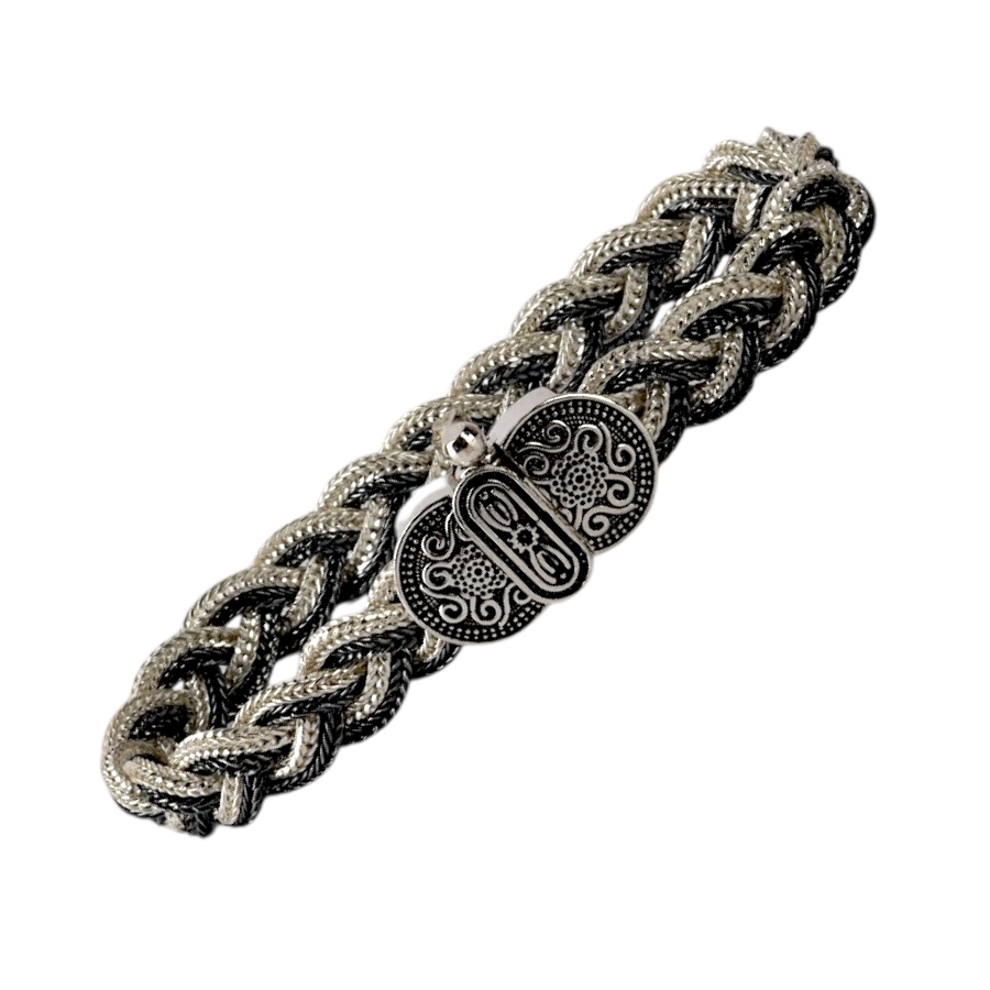 Black  White Braided Mardin Silver Bracelet