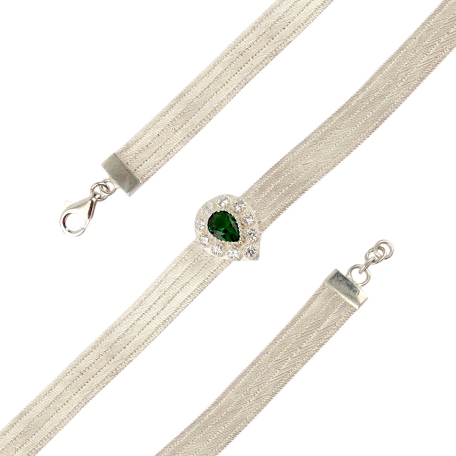 5 Row Green Stone Trabzon Straw Silver Bracelet