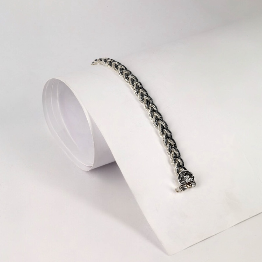 Black  White Braided Mardin Silver Bracelet