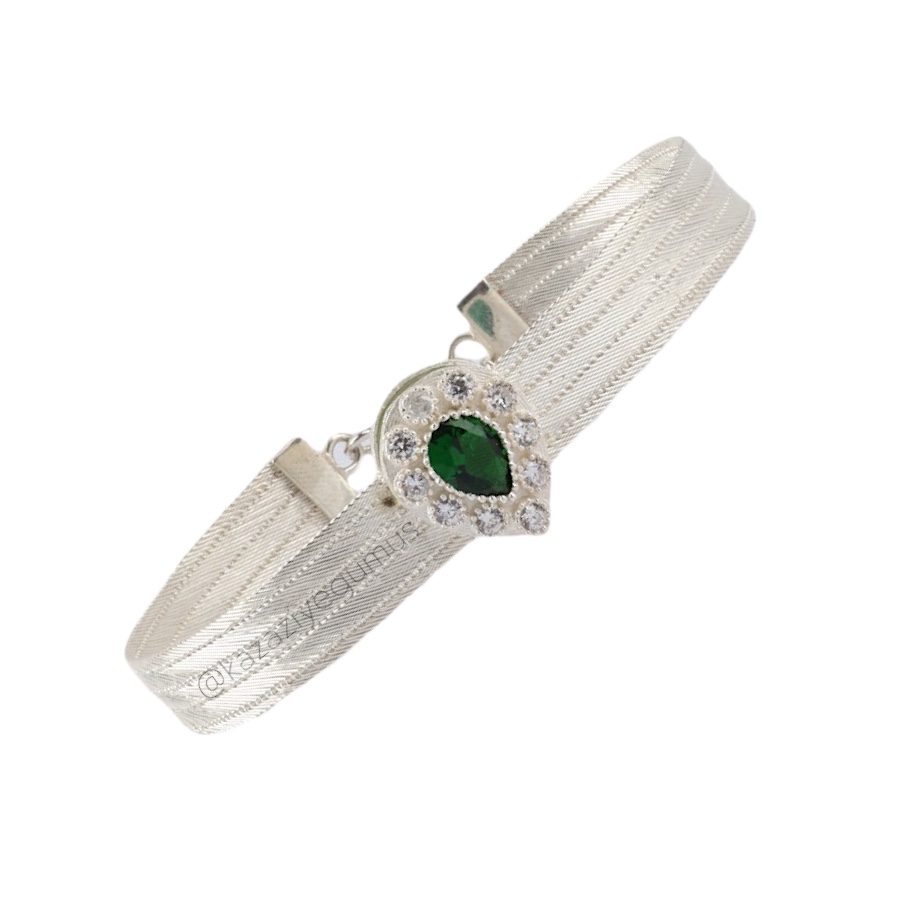 5 Row Green Stone-set Trabzon Hasırı Silver Bangle