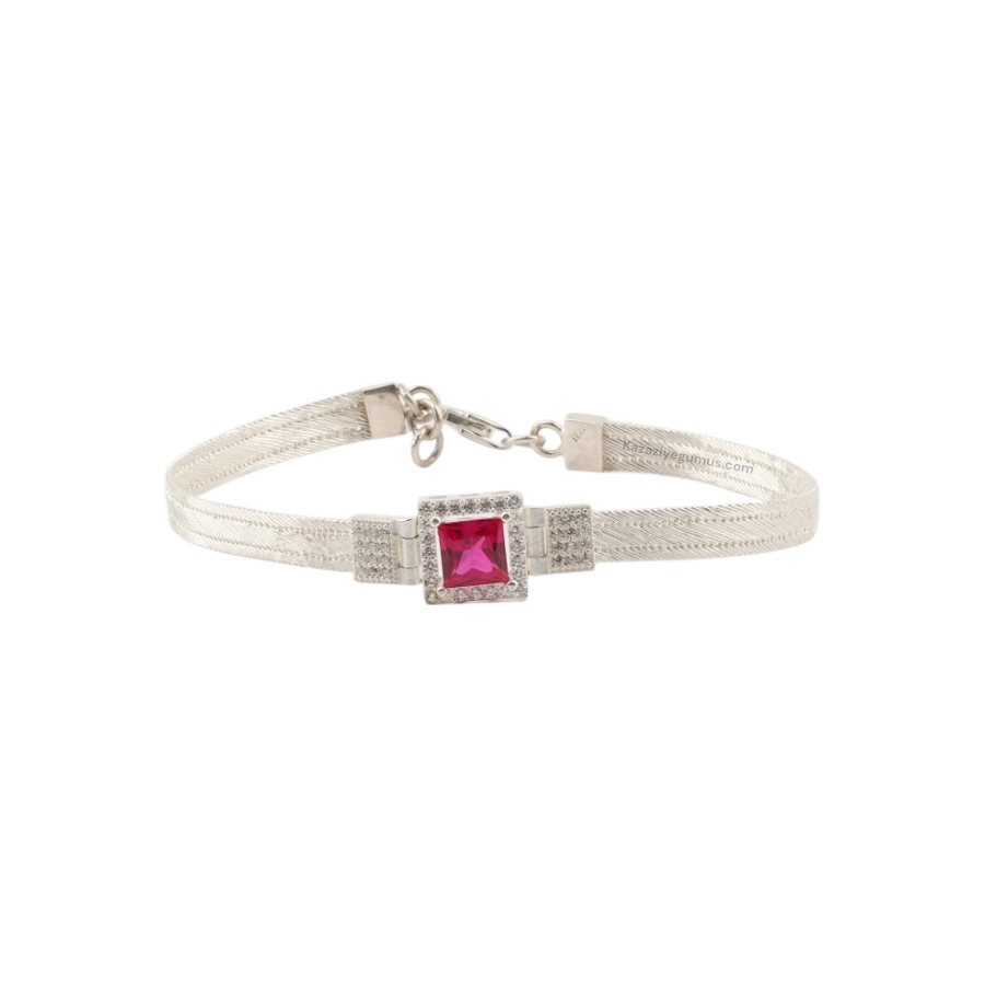 3 Row Red Baguette Stone-set Trabzon Hasırı Silver Bangle