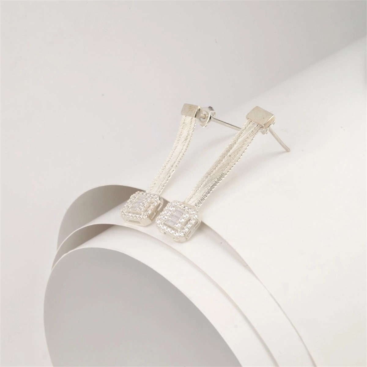 925 K 3 Row Baguette Trabzon Hasırı Silver Earrings