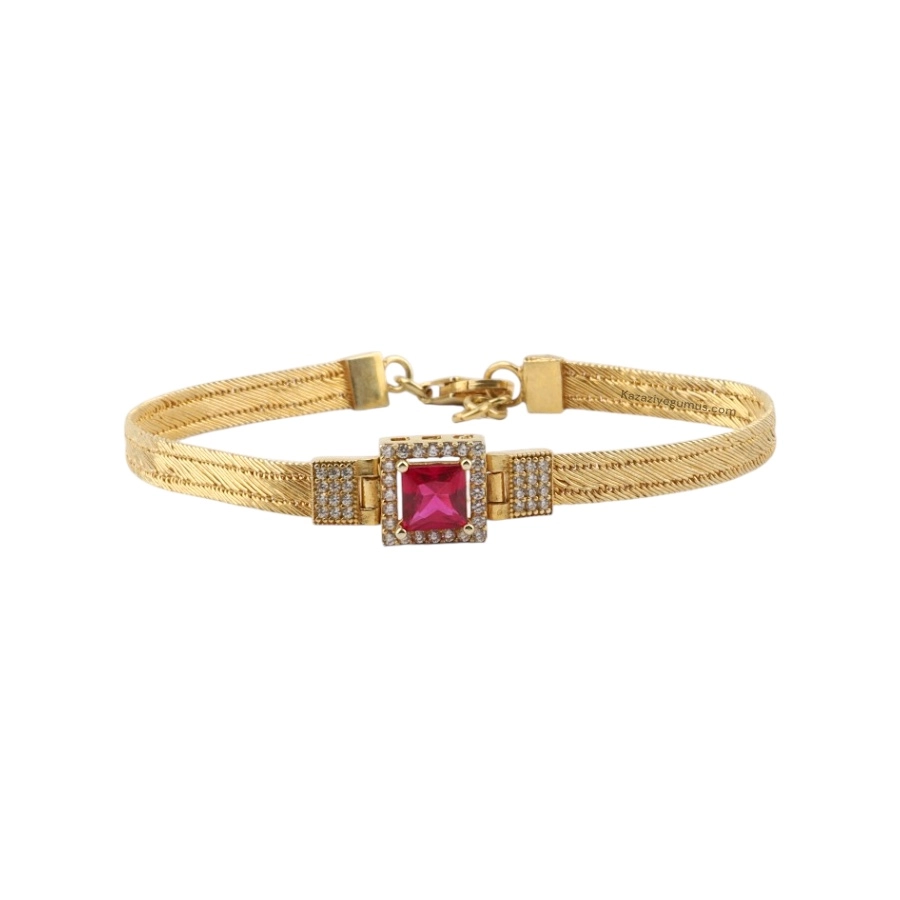 3 Row Red Baguette Stone-set Trabzon Hasırı Silver Bangle