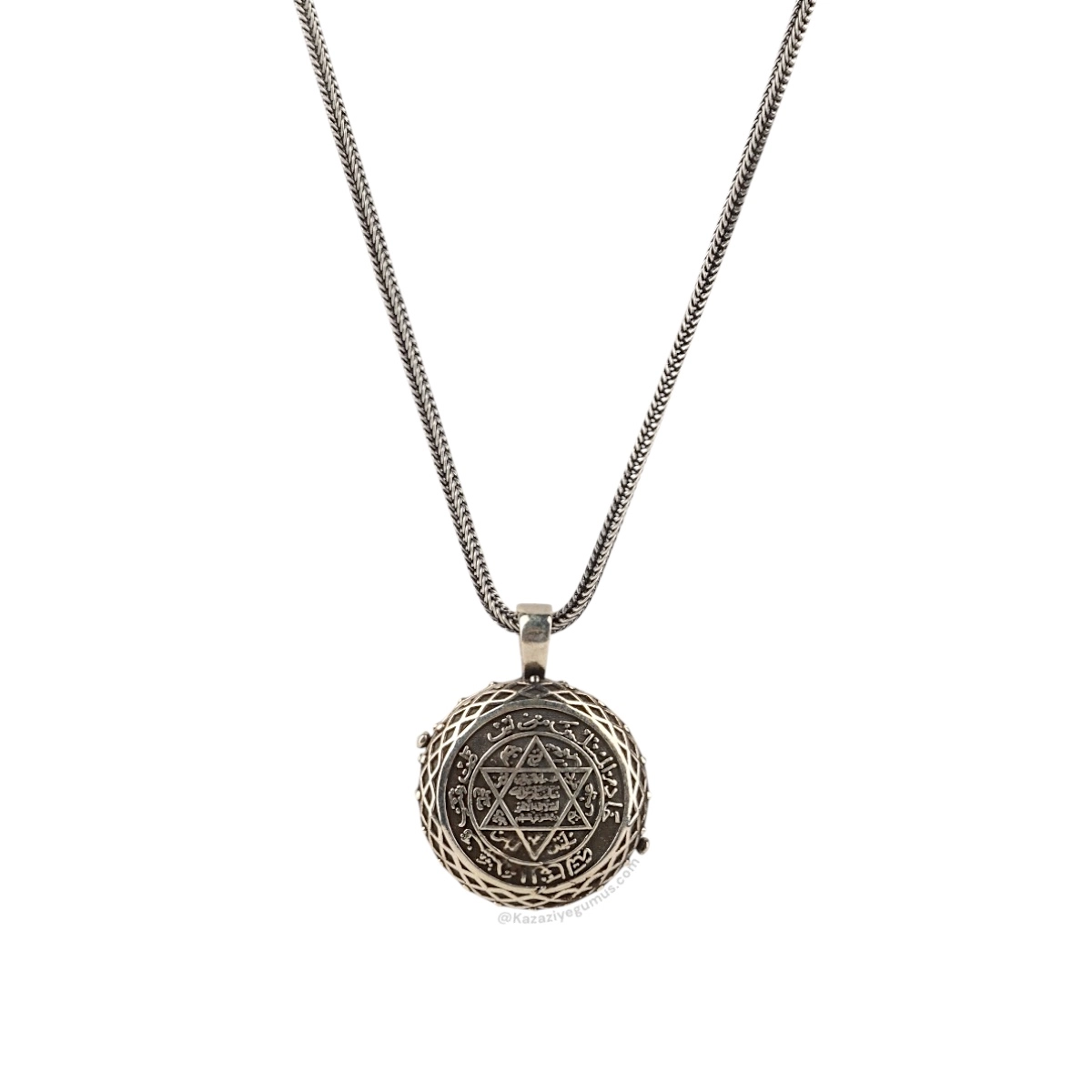 925 K Süleyman Mührü Engraved Amulet Kabı Silver Necklace