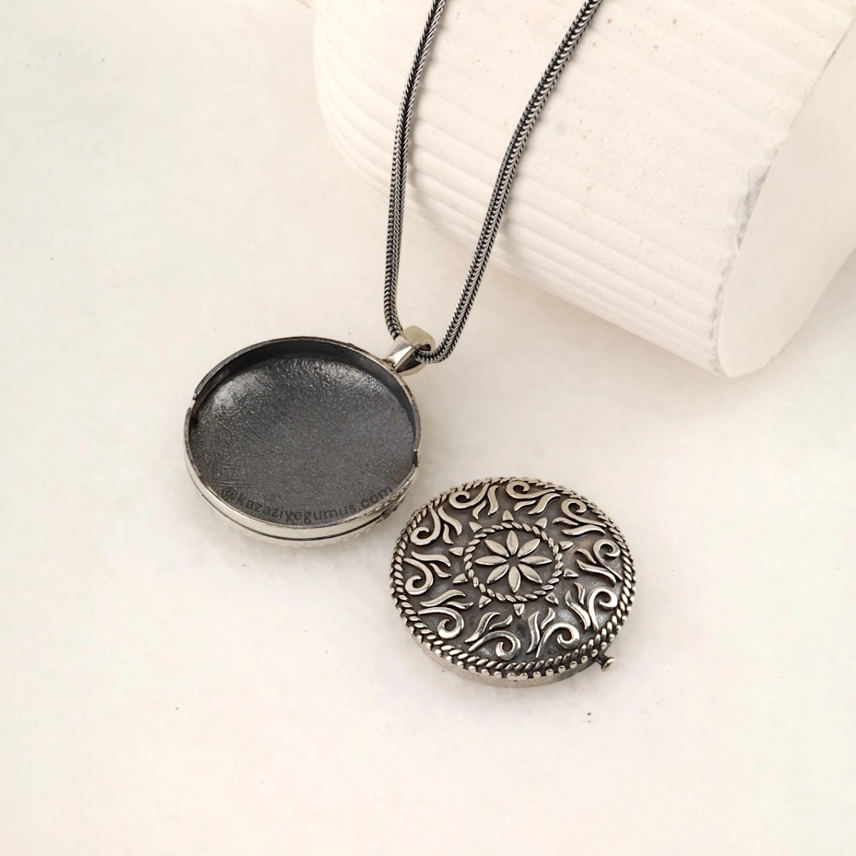 925 Sterling Silver Amulet Container with Authentic Motif Embroider