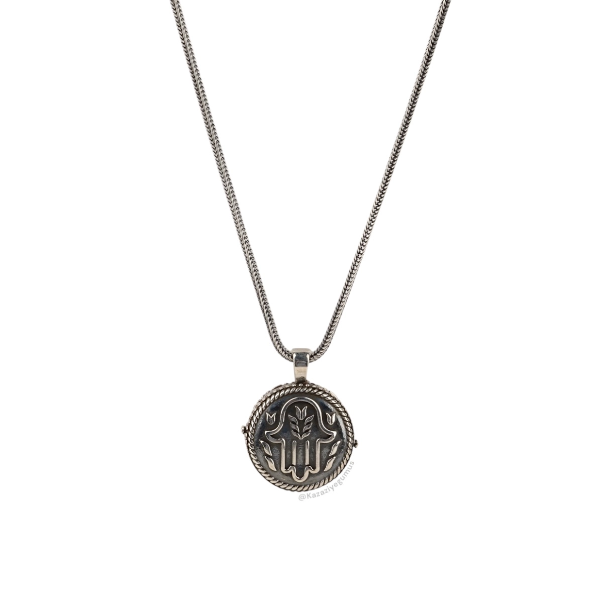 925 K Fatma Ana Eli Engraved Amulet Kabı Silver Necklace