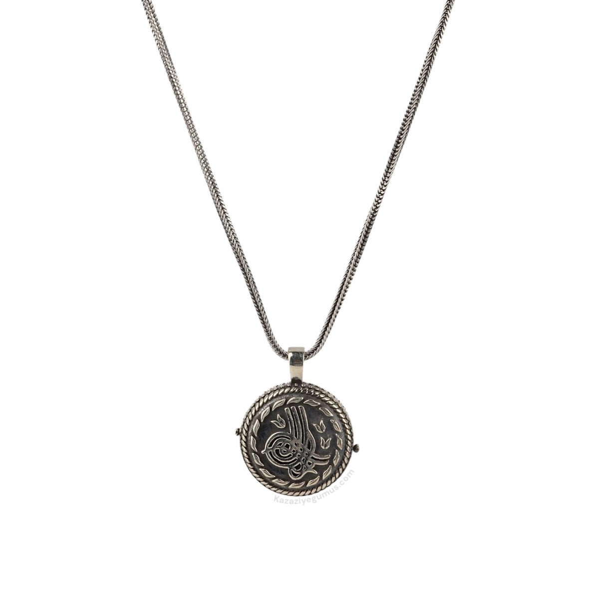 925 K Tughra Engraved Amulet Kabı Silver Necklace