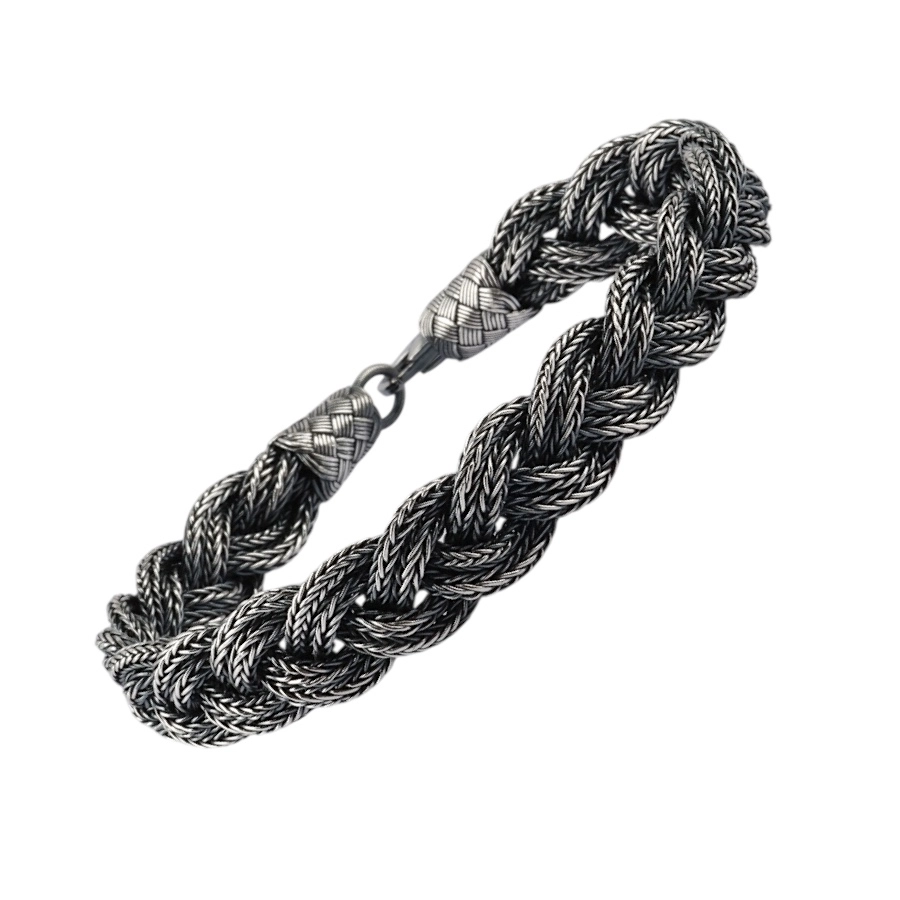 1000 Ayar Geniş Örgülü Oksitli Kazaziye Gümüş Bileklik