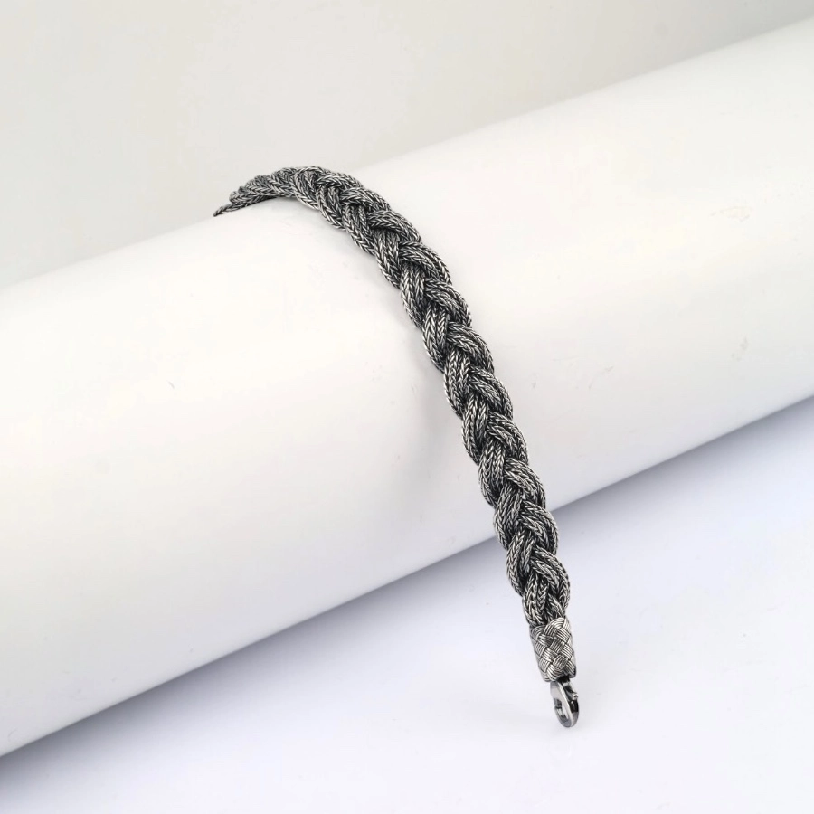 1000 Ayar Geniş Örgülü Oksitli Kazaziye Gümüş Bileklik