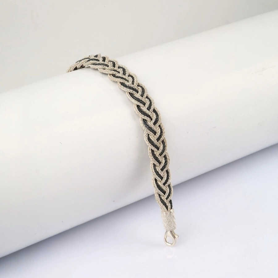 1000 Ayar Geniş Örgülü Siyah Beyaz Kazaziye Bileklik