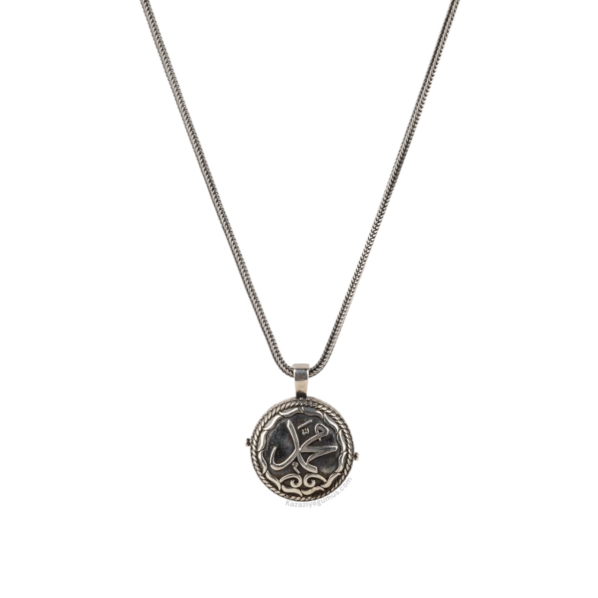 925 K Muhammed Engraved Amulet Kabı Silver Necklace