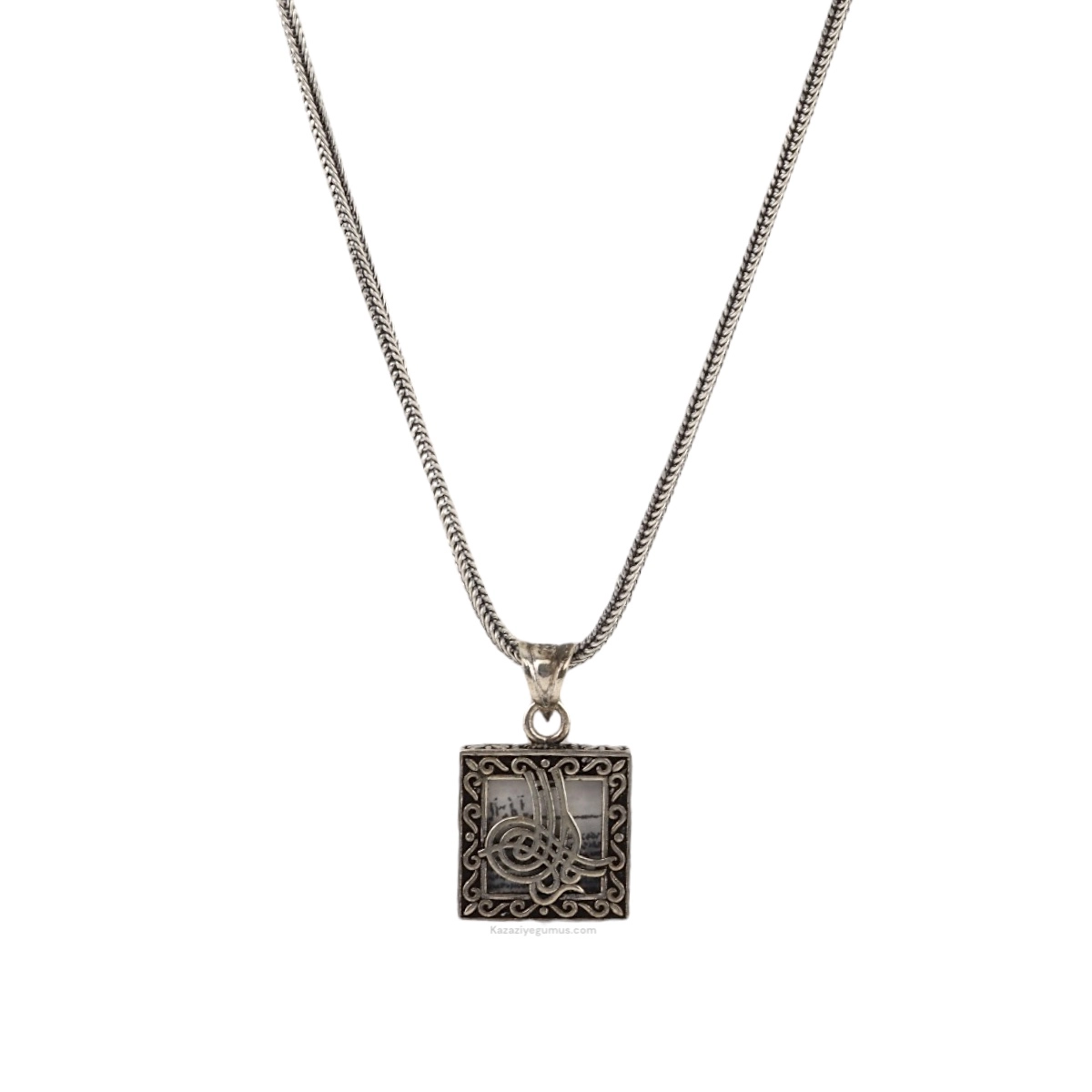 925 K Square Tughra Cevşen Silver Necklace