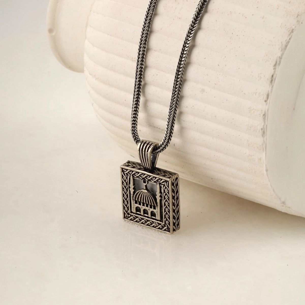 925 Sterling Square Mosque Cevşen Silver Necklace