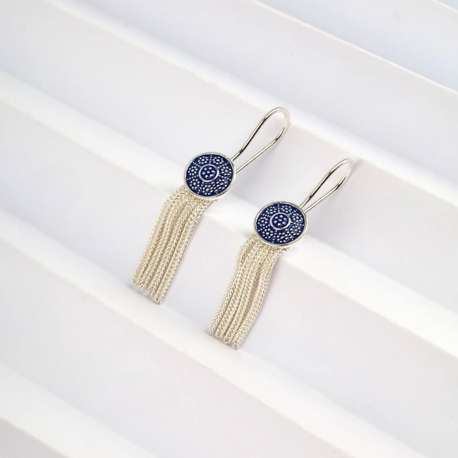 925 Carat Navy Blue Enamel Mardin Straw Earrings