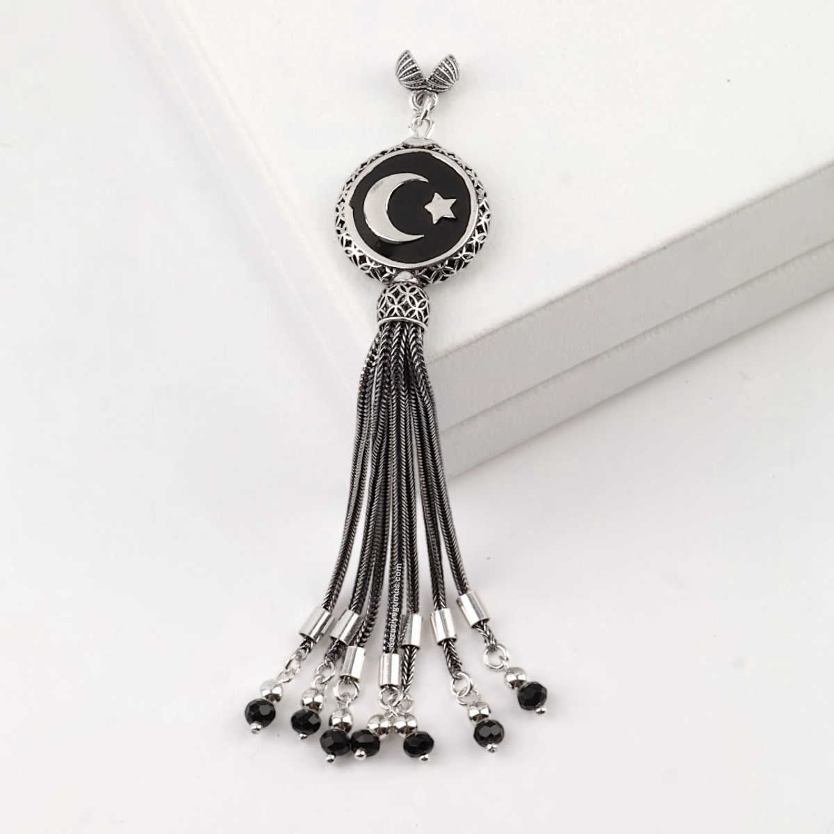 925 Sterling Black Crescent Star Rosary Tassel