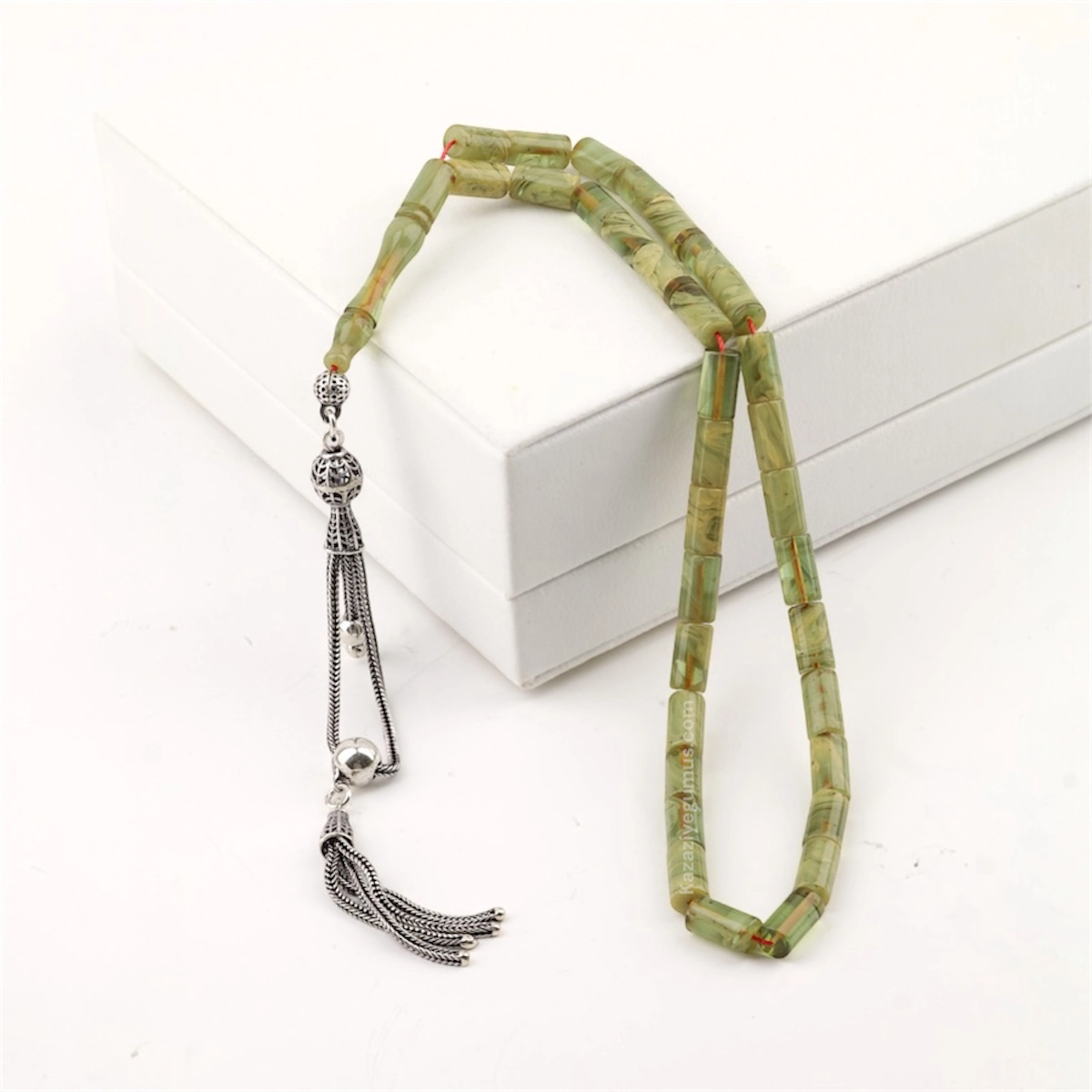 925 Ayar Yeşil Toz Kehribar Kapsül Model Tesbih